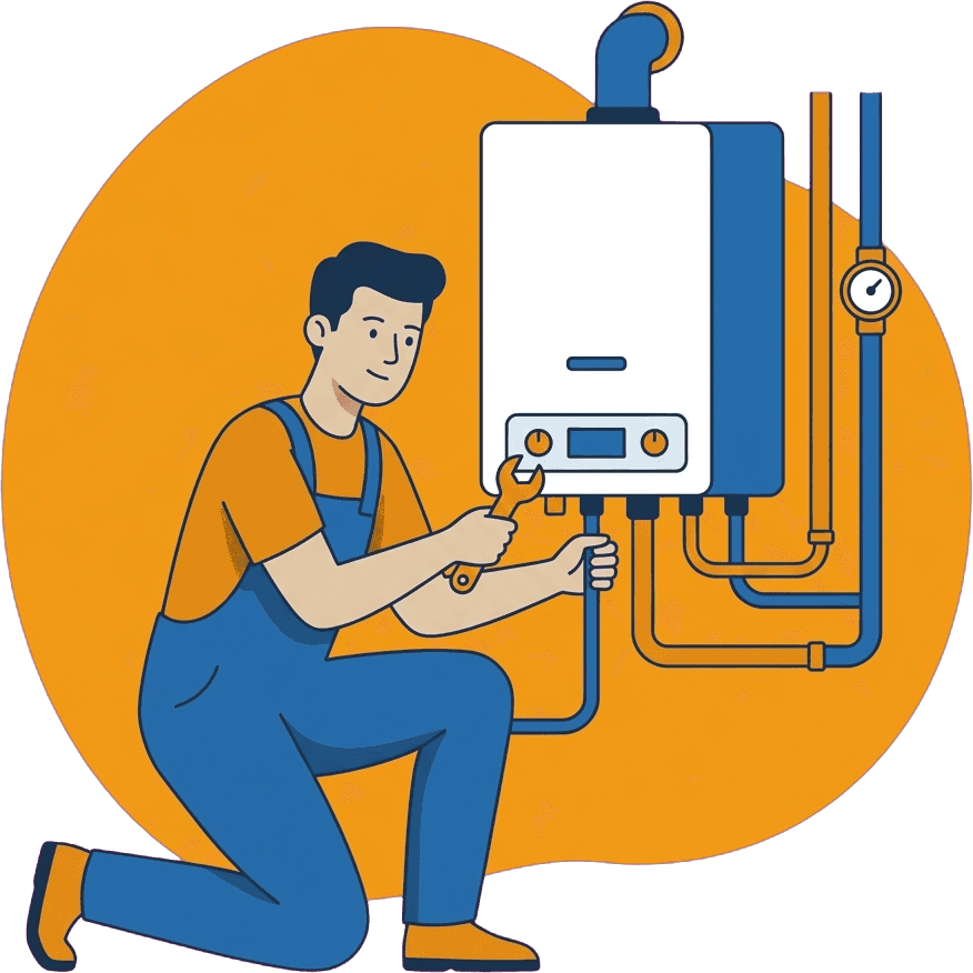 Serwisant HVAC z tabletem przy jednostce klimatyzacji i kotle gazowym